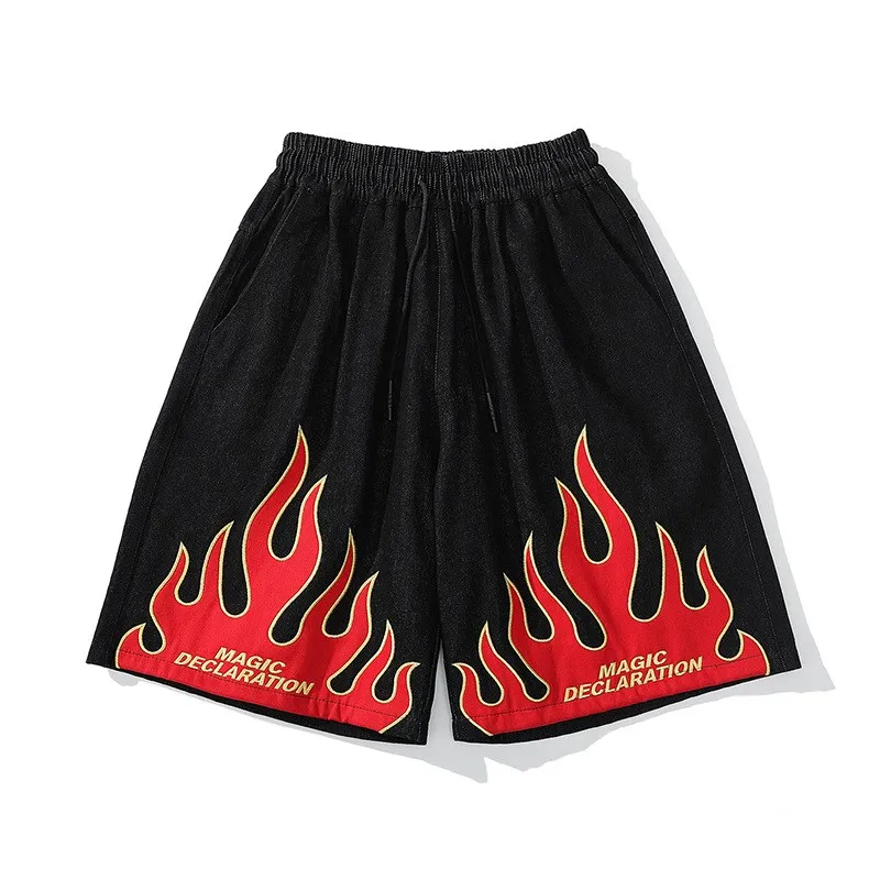 Мужские джинсовые шорты UNCLEDONJM Свободные повседневные в стиле хип-хоп с пламенем