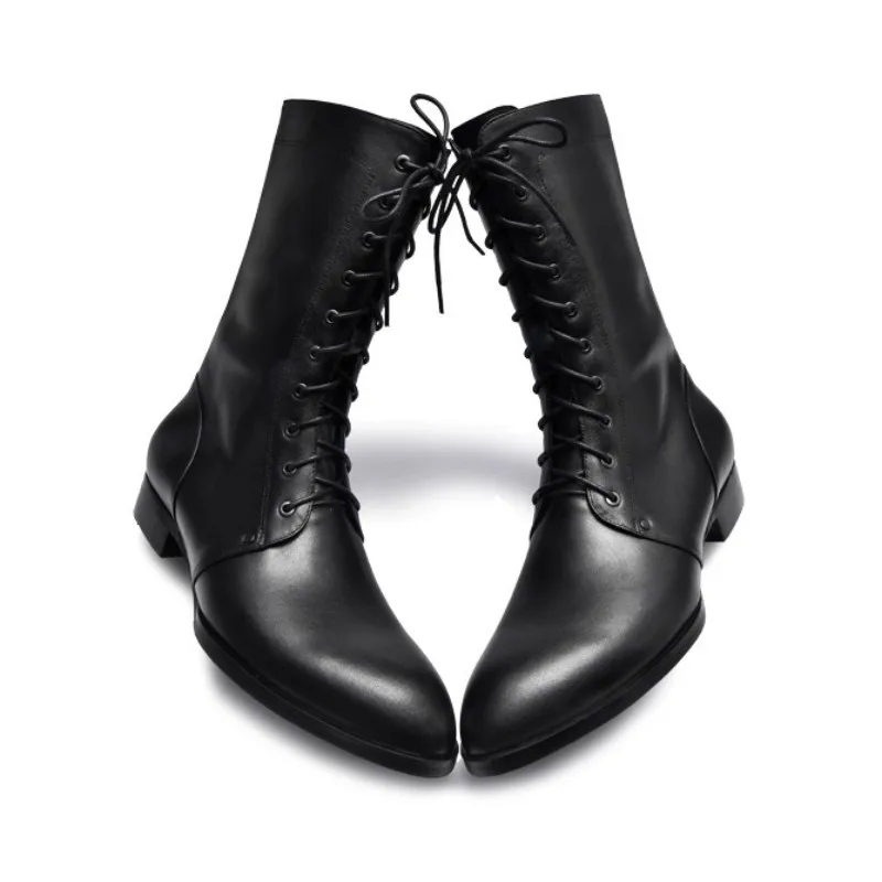 

Mens Shoes Pointed Toe Cross Tied Cowhide Genuine Leather Chelsea Boots British Style Classic Mid Calf Knight Boots Men 36-44
