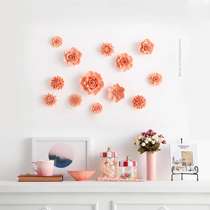 

Chinese Orange Ceramic Peony Rose Wall Sticker Crafts Home Livingroom Wall Hanging Decoration Cafe Hotel Wall Mural Adornments