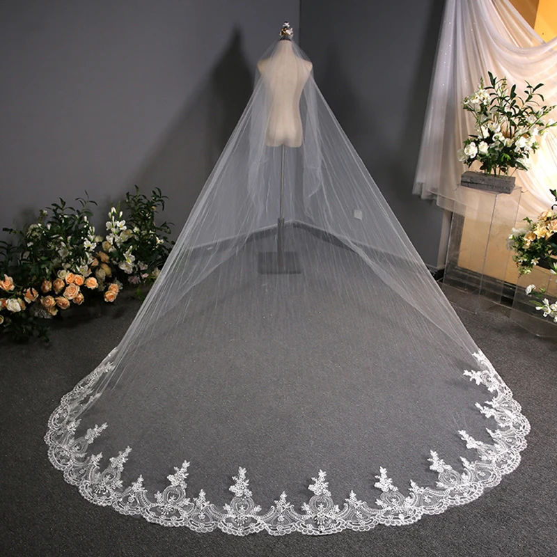 

Real Photo Video 2022 Summer New Design 3.8M One Layer Wedding Veil Lace Edge Bridal Veils Cathedral Wedding Veil