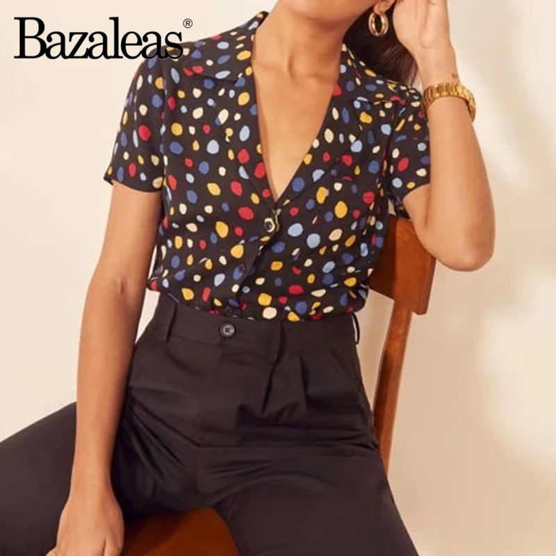 Женская винтажная шифоновая блузка Bazaleas элегантная разноцветная в горошек с