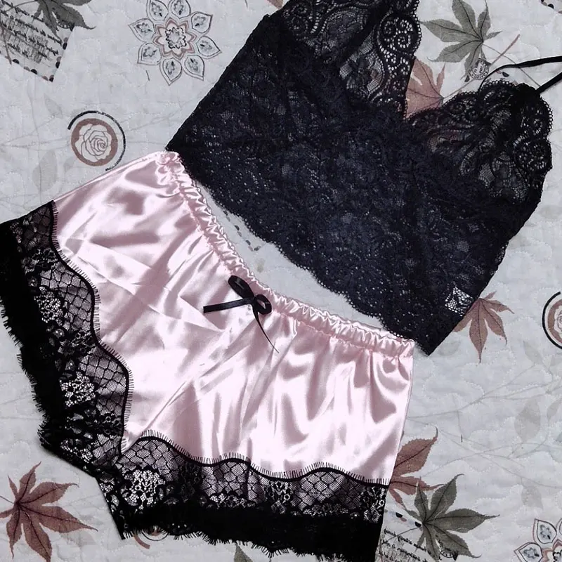 

11 Colors Adjustable V-neck Lace Satin Sleepwear Set Comfortable Women Summer Sleeveless Top Pants Pajamas