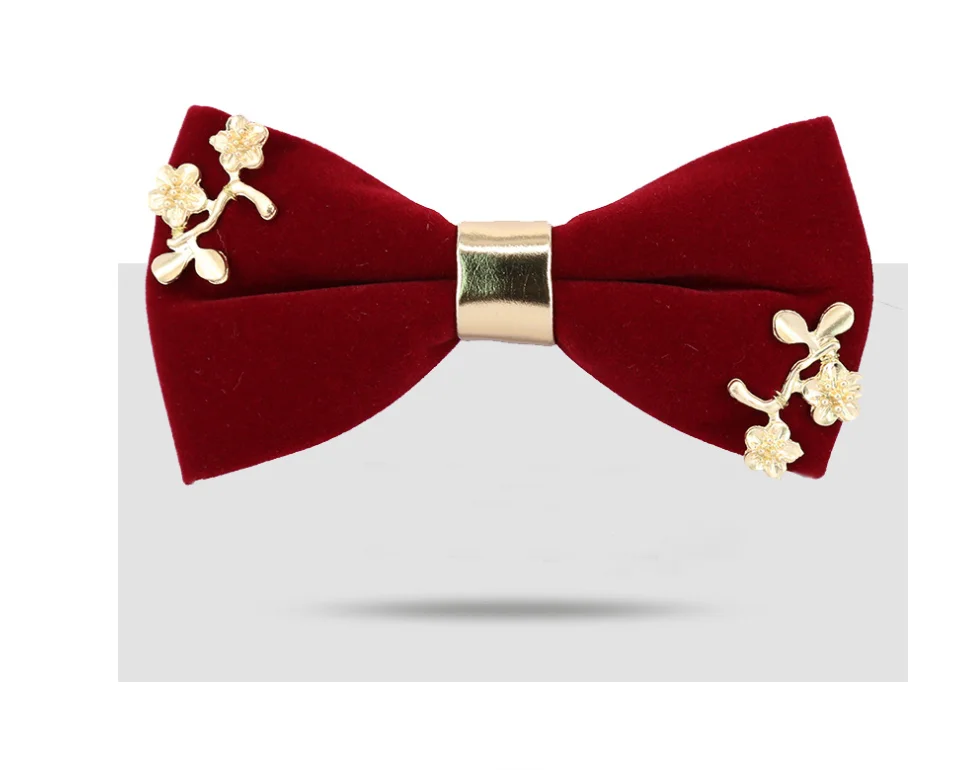 

Glod Mental Leaf Flower Decoration Bowtie Red Black Velvet Handmade Mens Wedding Bowtie