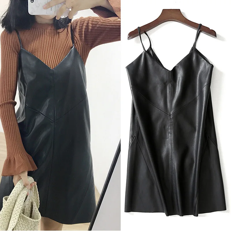 

2021 spring new women's wear Korean casual V-neck PU leather suspender skirt