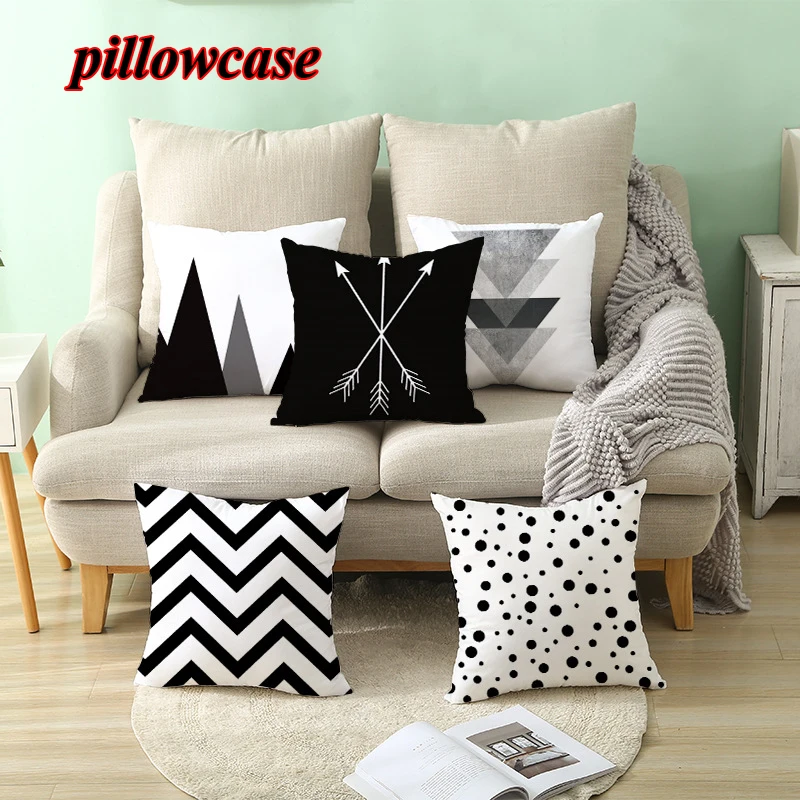 

Geometric Cushion Cover Black and White Polyester Throw Pillow Case Striped Dotted Grid Triangular Geometric Art Cushion Cover