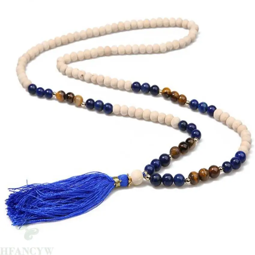 

6mm Sandalwood lazuli tiger eye Gemstone Beads Mala Necklace Tassel Lucky Energy chic Classical Chakras Spirituality Healing