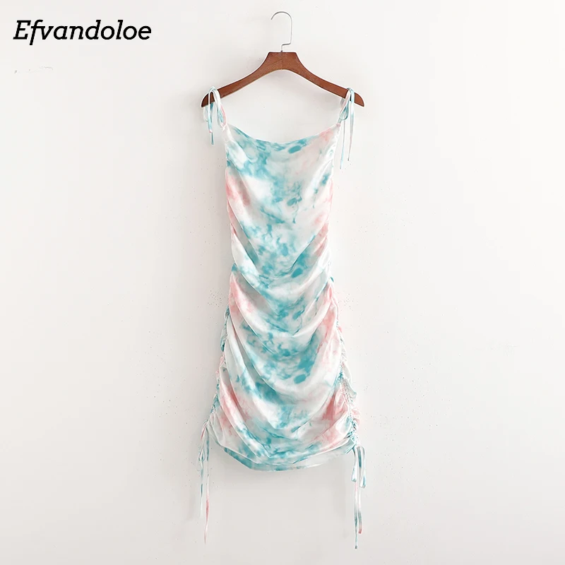 

Women Tie Dye Print Cami Dress Summer Strappy Spaghetti Strap Drawstring Bandage Ruched Slim Mini Dresses 2021