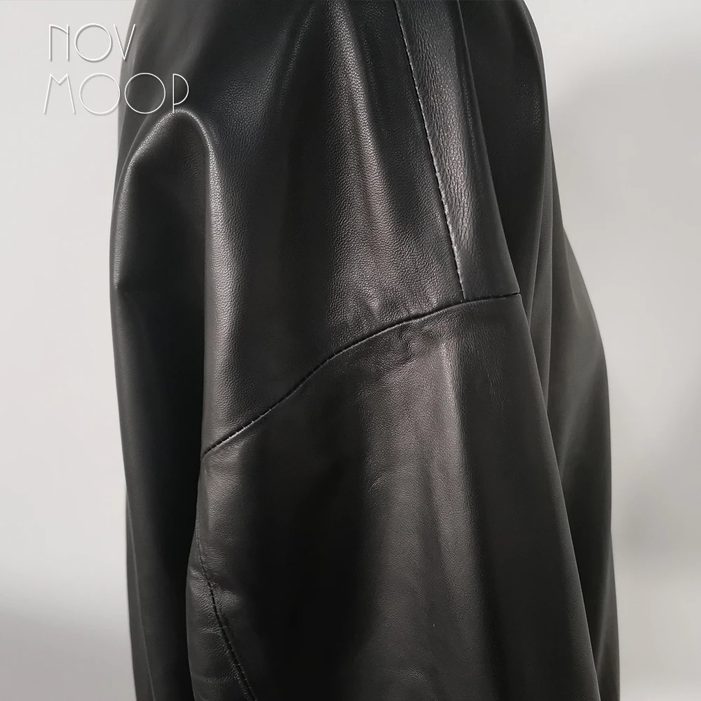 Novmoop Fashion red black color medium and long genuine leather women dress with pocket zipper decor kurtki damskie LT2809