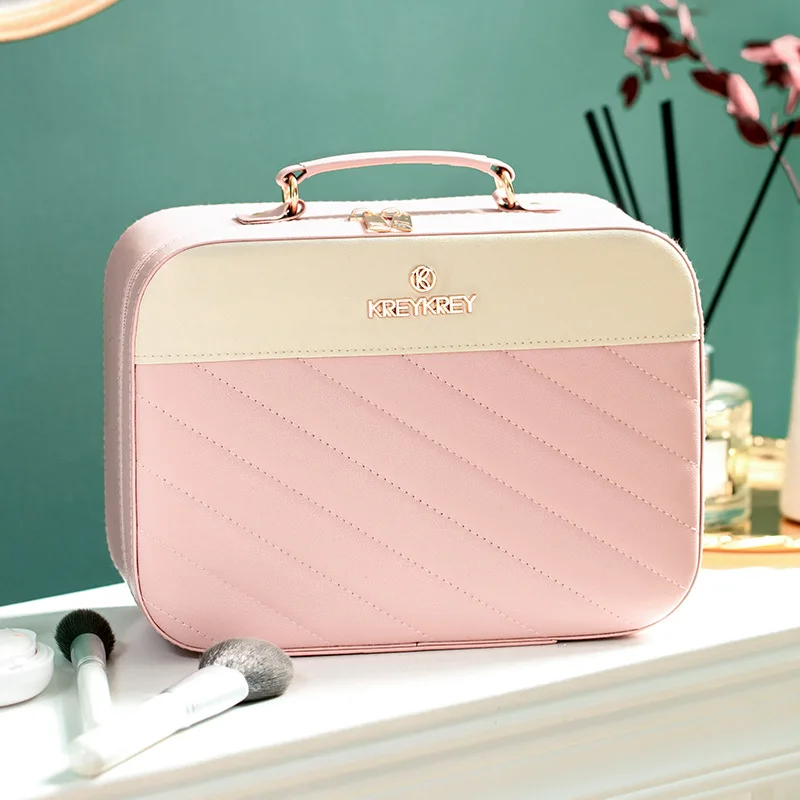2022 New Cosmetic Bag Large Capacity PU Leather Striped Travel Eyebrow Storage Cosmetic Case
