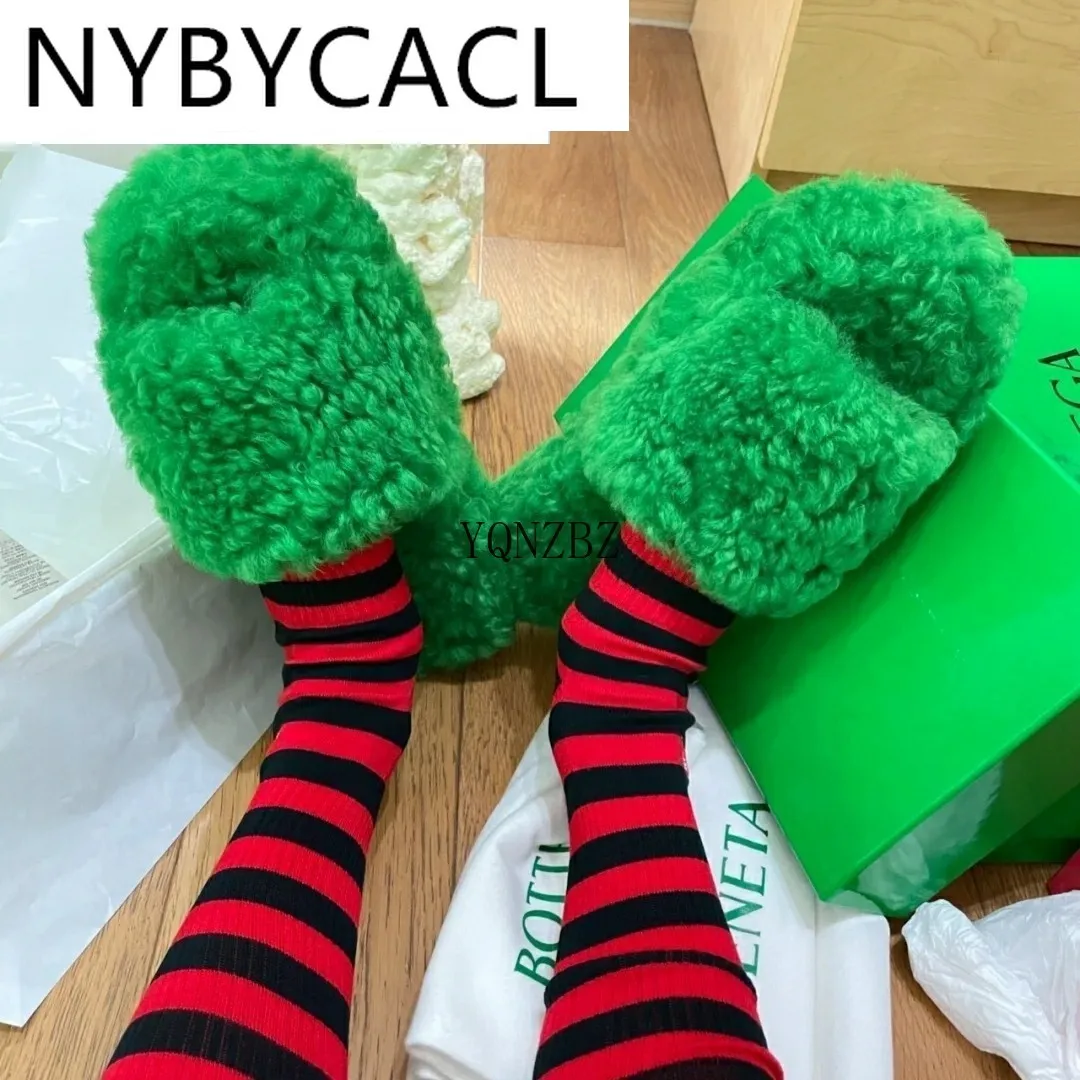 

2022 New Brand Logo Flat Heel Wool Slippers Women Thick Sole Open Toe Fur Towel Flipflops Sandals Outdoor Comfort Leisure Shoes
