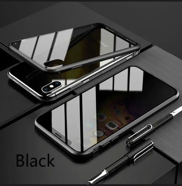 Магнитный двухсторонний чехол из закаленного стекла для iPhone 11Pro 6 7 8 Plus XS чехол для MAX XR анти-писк металлический чехол-бампер - Цвет: Черный