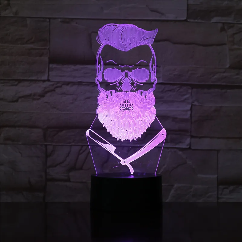 

3D-2292 Barber Skull 3D Optical illusion Light Hipster Skeleton Barber Shop Shave LED Night Light Table Visual Lamp Sign