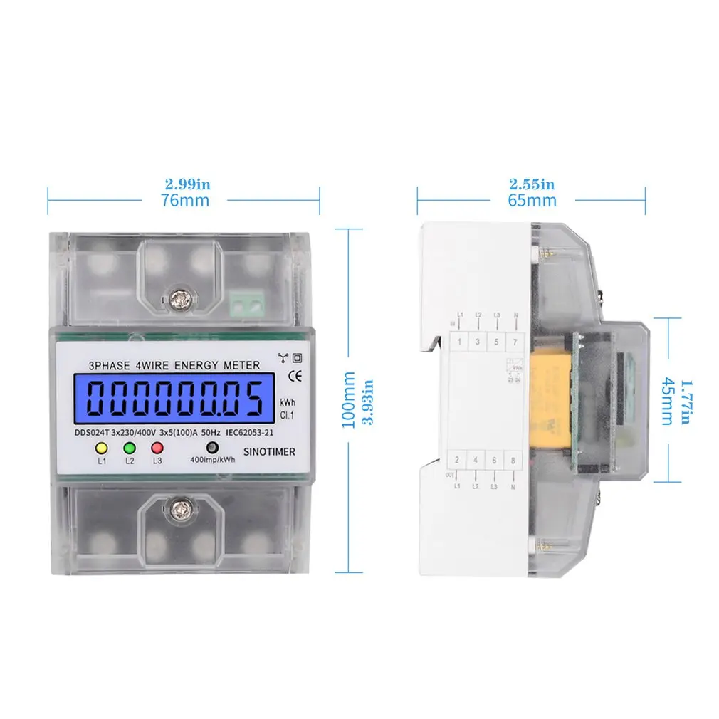 

SINOTIMER DDS024T Din Rail 380V 80A 3 Phase 4 Wire Electronic Watt Power Energy Meter Wattmeter KWh LCD Backlight Display