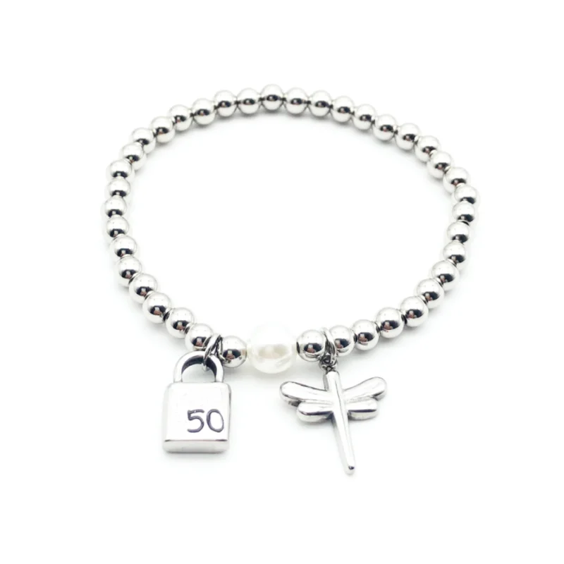 

Fashion Brand Stainless Steel Simple 5mm Bead Chain Lock Dragonfly Pearl Man Woman UNO Bracelet Pendant Jewelry