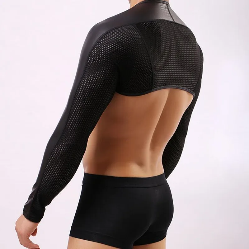 

Men mesh faux leather patchwork sexy long sleeve t shirt nightclub stage costume men breathable skinny cape cosplay tee shirts