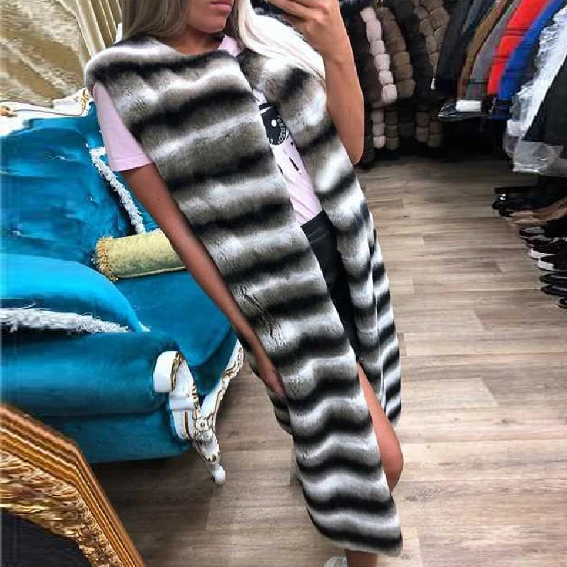 120cm Long Real Rex Rabbit Fur Vest with Hood Warm Winter Fashion Natural Rex Rabbit Fur Vests Trendy Fur Overcoat Luxury Woman enlarge
