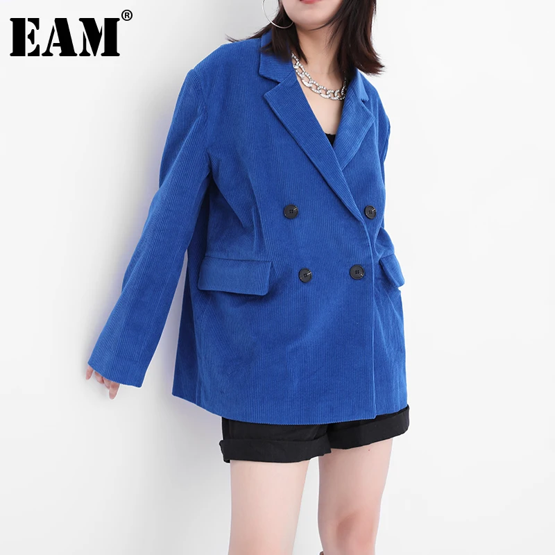 

[EAM] Women Corduroy Big Size Blue Blazer New Lapel Long Sleeve Loose Fit Jacket Fashion Tide Spring Autumn 2022 1DA50905