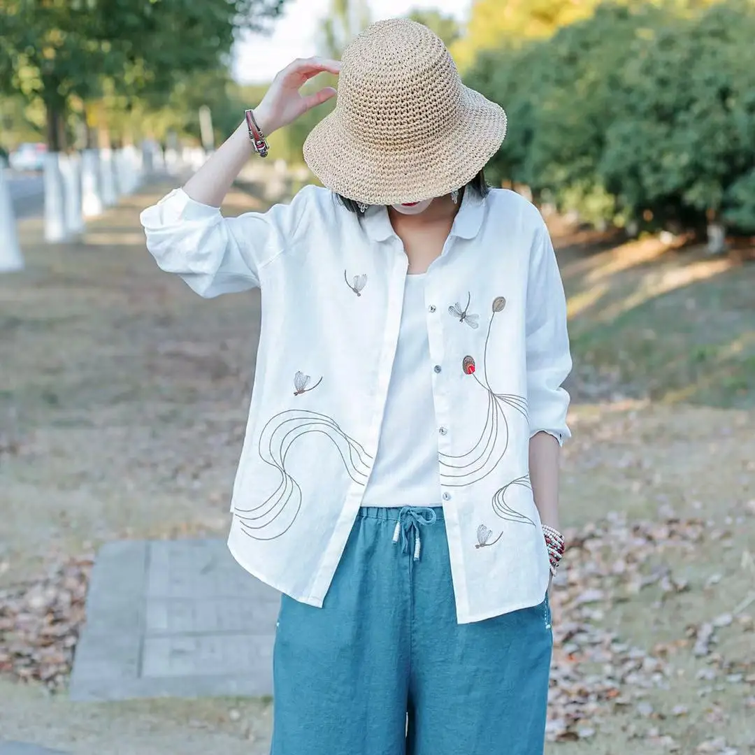 Женская рубашка с длинным рукавом QPFJQD свободная в стиле ретро национальном