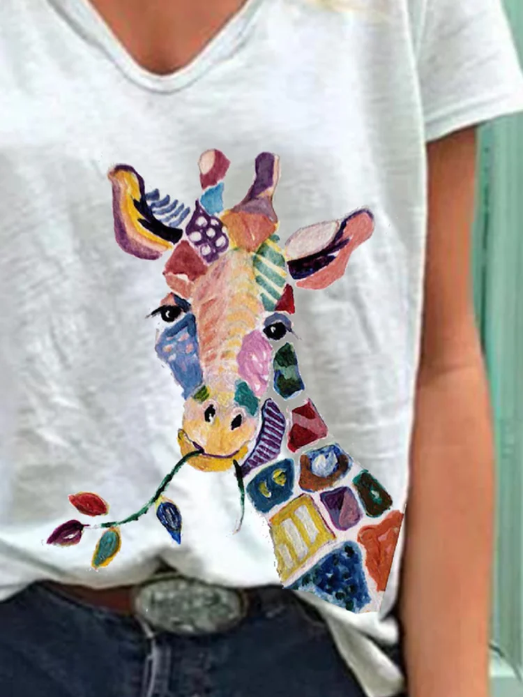

Hot Sale Casual White Color Giraffe Print Women T-shirt Summer Short Sleeve V Neck Cartoon Print Loose Tops