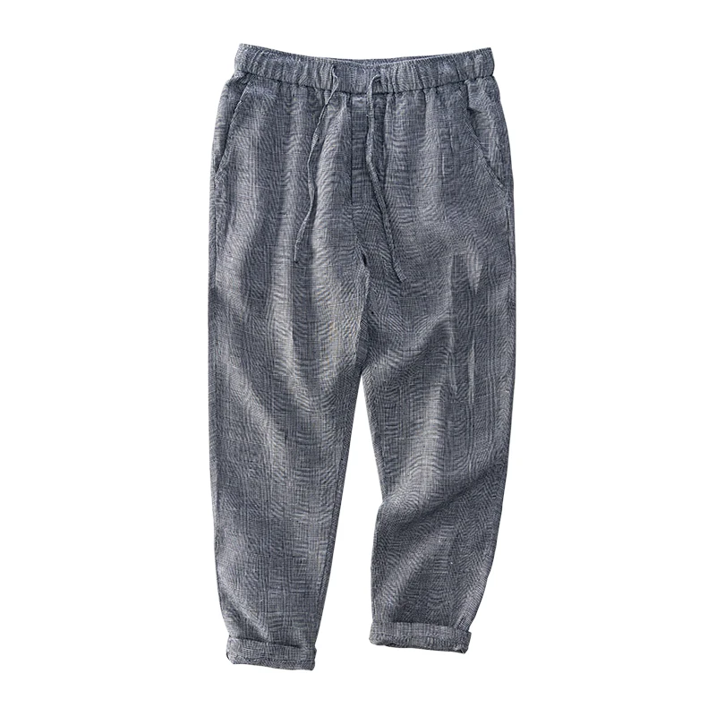 

Plaid Pants for Men Fashion Casual 100%Linen Full Length Straight Trousers Solid Color Drawstring Summer Pants