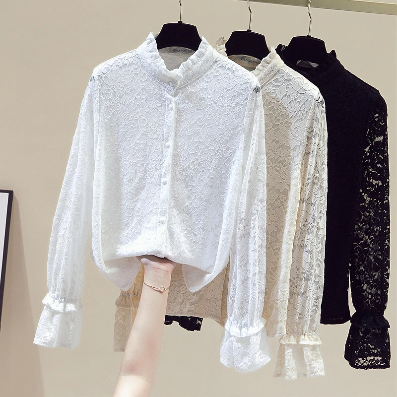 

Missfansiqi New Spring Autumn Elegant Women Fashion Stand Collar Flare Long Sleeves Lace Shirt Ladies Shirts Female Blouse Tops