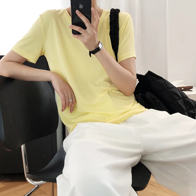 

Office Lady Elegant Simple All Match Solid T-shirts O-neck Short Sleeve Loose Casual Tops 2021 Summer Chic Cuprammonuium Tees