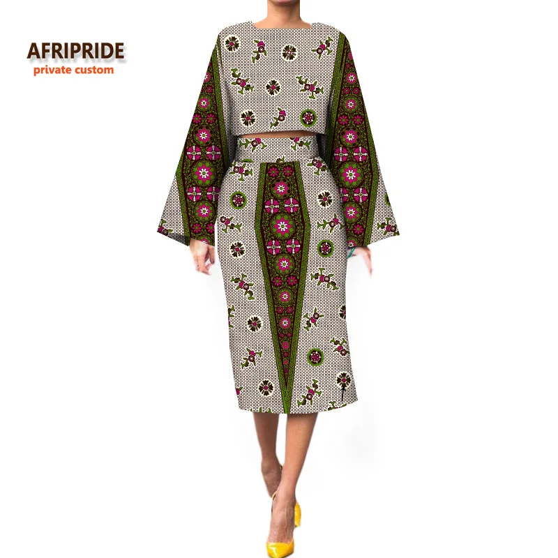 Женский костюм AFRIPRIDE, индивидуальный заказ, длинный короткий топ с широкими рукавами+ юбка-карандаш длиной до середины икры, плюс размер, восковой хлопок, A722630