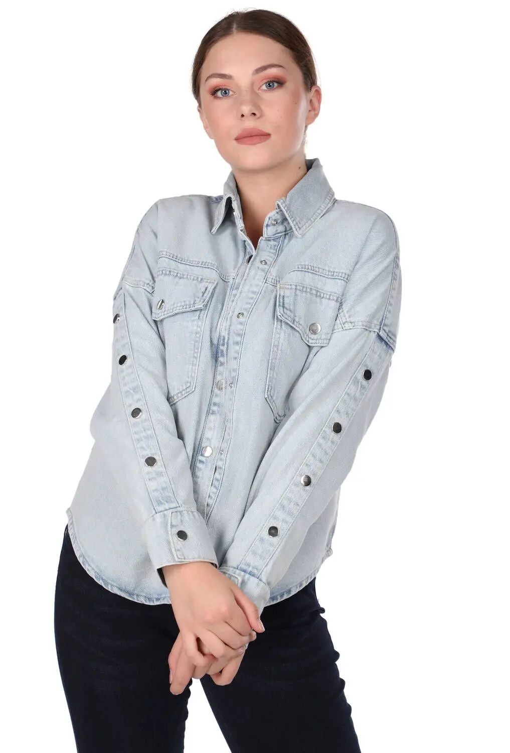 

Blue White Button Detail Women Jean Jacket