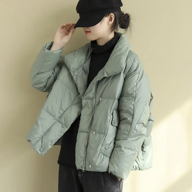 

Новинка 2022, зимняя женская однотонная пуховая куртка на белом утином пуху, свободная теплая зимняя одежда в литературном стиле