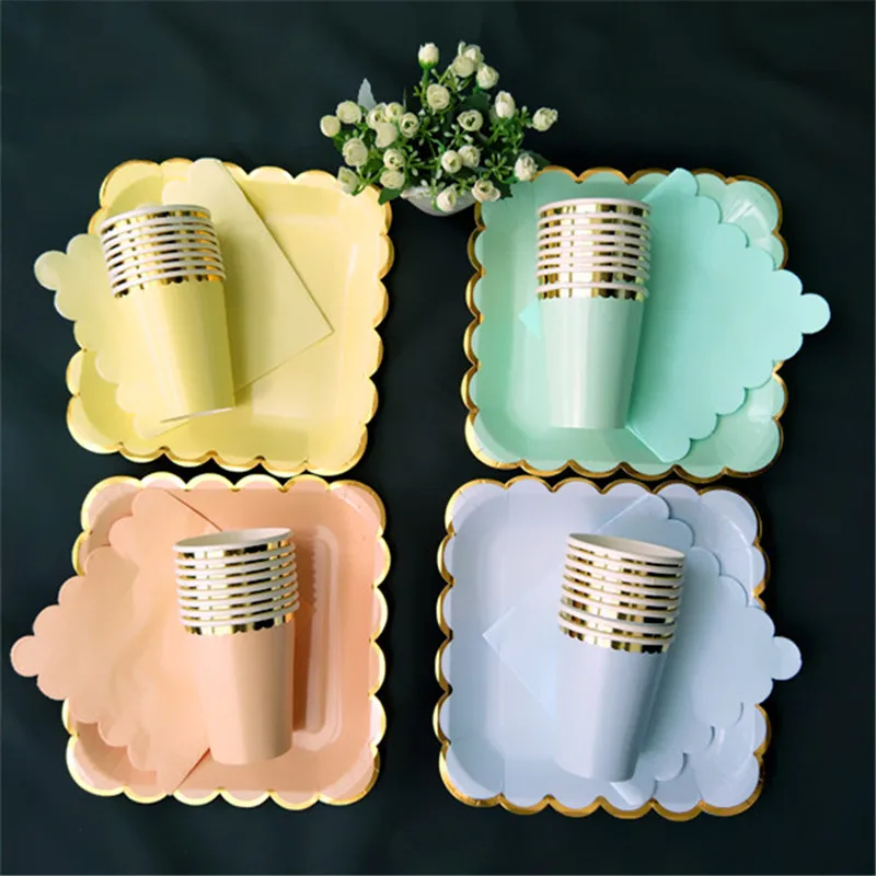 24 набора пастельных синих вечерние столовые приборы из фольги Золотые Большие