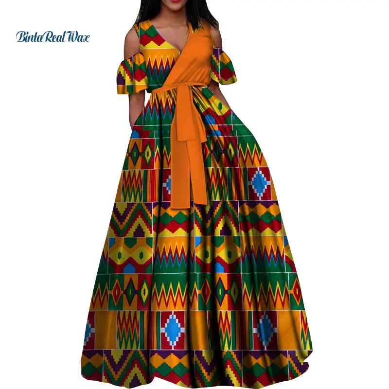 Модные Африканские Восковые платья для женщин Bazin богатые 100% хлопок V образный