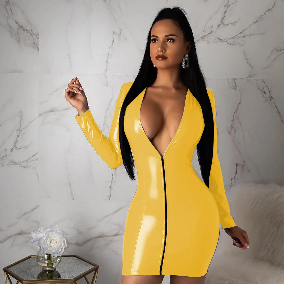 Новые женские мини платья сексуальные тонкие ПУ глубокий v-образный вырез