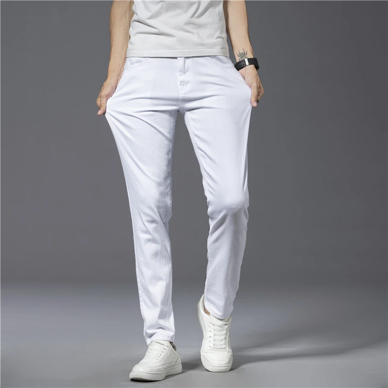 DIMI Male Advanced Stretch Pants Mens Spring Summer Autumn White Jeans Fashion Casual Classic Style Slim Fit Soft Trousers