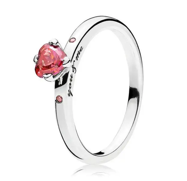 

925 Sterling Silver pan Ring Red Heart-shaPed Crystal You & Me Ring For Women Gift Fine Vanlentine's Day Jewelry