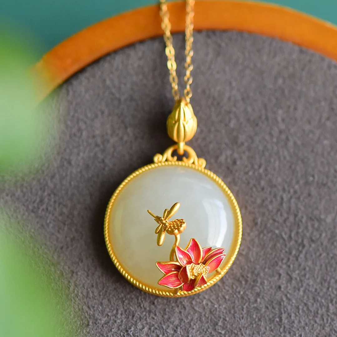 

Chinese Style Enamel Color Lotus Flower Elegant Female Charm Hotan White Jade Stone Pendants Necklace Vintage Minorities Jewelry