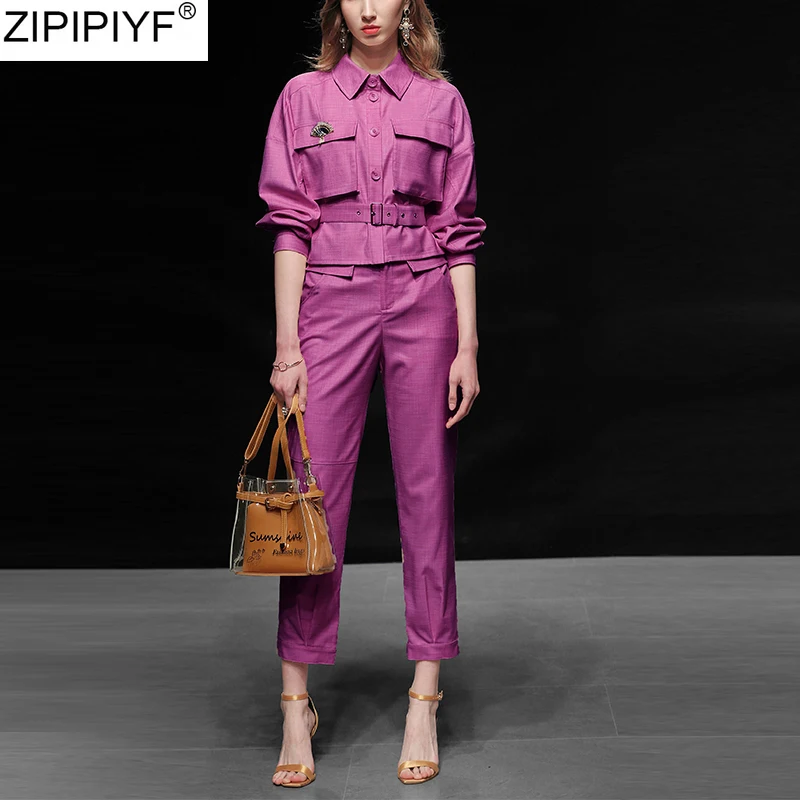 2020 женские брюки наборы повседневные одноцветные элегантные с зубчатым