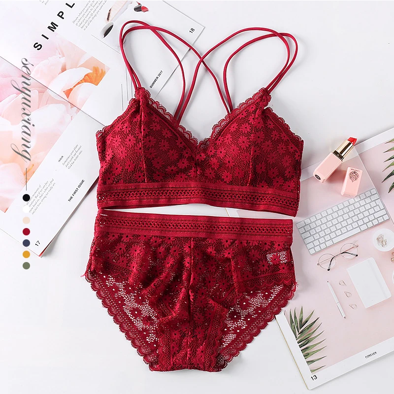 

Sexy Lace Bra Briefs Set Women French Style Bralette Seamless Underwear Set Wirefree Fashion Soft Cup Small Chest Lingerie