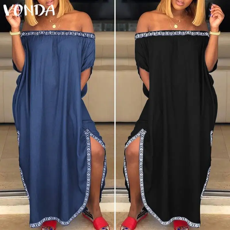 Модные Разделение платье 2020 VONDA сексуальное с открытыми плечами и Макси платья