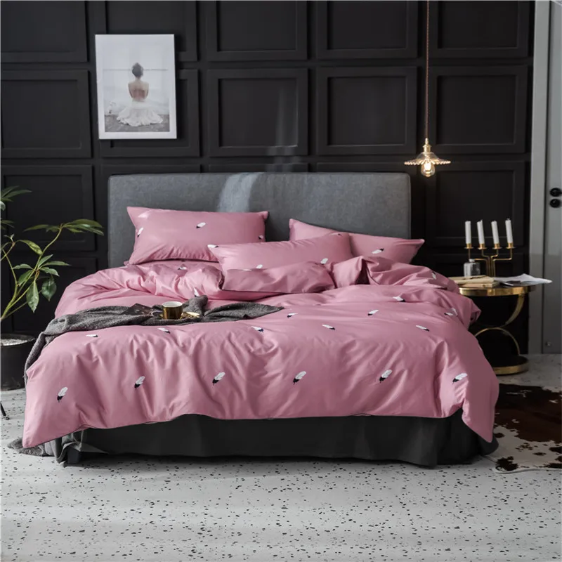 100% хлопок Комплект постельного белья сплошной цвет с мультяшными листьями