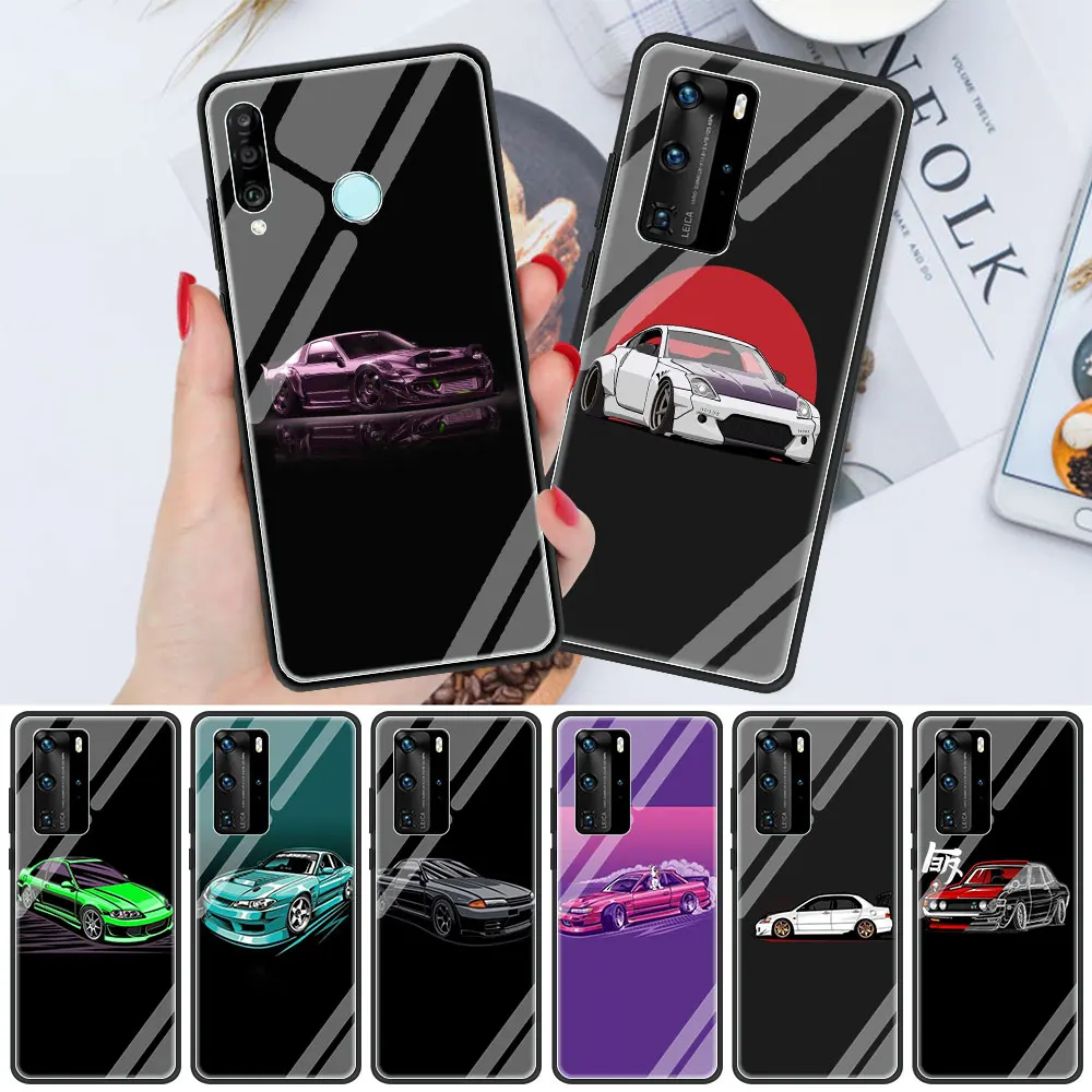 

Cartoon JDM Drift Car Cat Tempered Glass Coque for Huawei P30 P20 P10 Lite P40 P30 Pro P Smart Z Silicone Edge Phone Case Funda