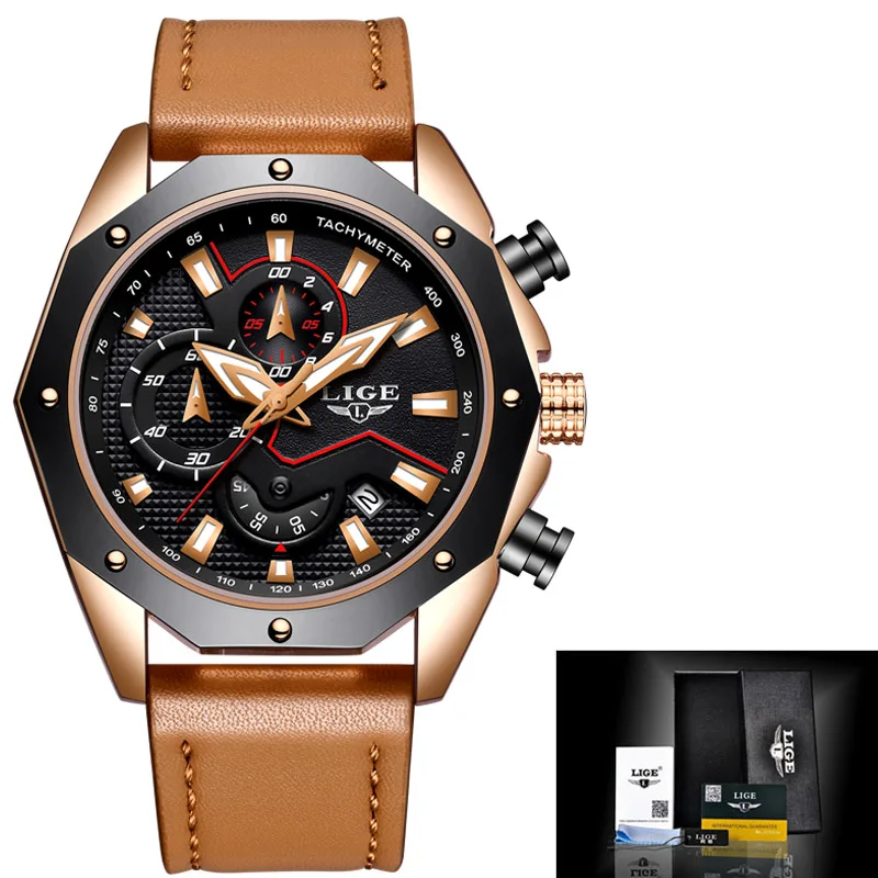 Rose gold black LIGE часы мужские люксовый бренд Мужские Военные Спортивные кварцевые часы мужские повседневные кожаные водонепроницаемые наручные часы Relogio Masculino - Цвет: Rose gold black