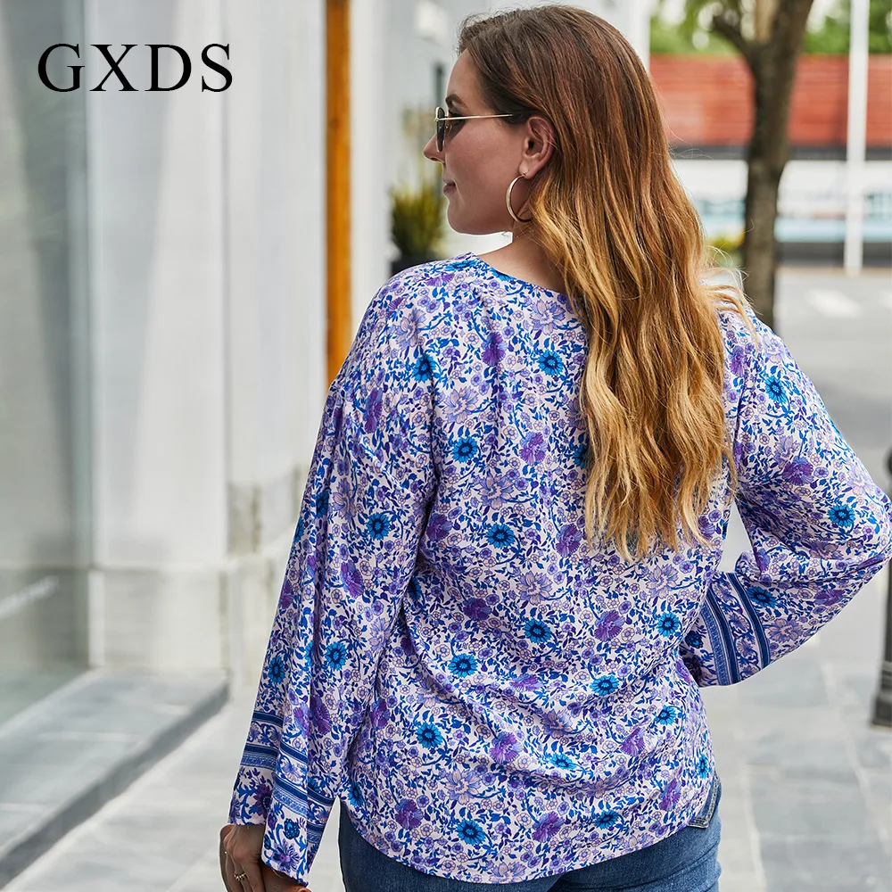 Женская блузка с цветочным принтом V-образным вырезом и длинным рукавом | одежда