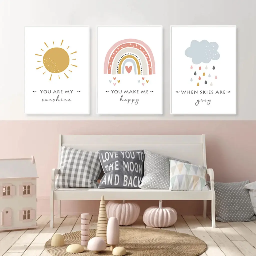 

Kids White Background Rainbow Sun Clouds Painting Drawing Picture Pink Girl Art Printing Wall Painting Bed Room Home Decor