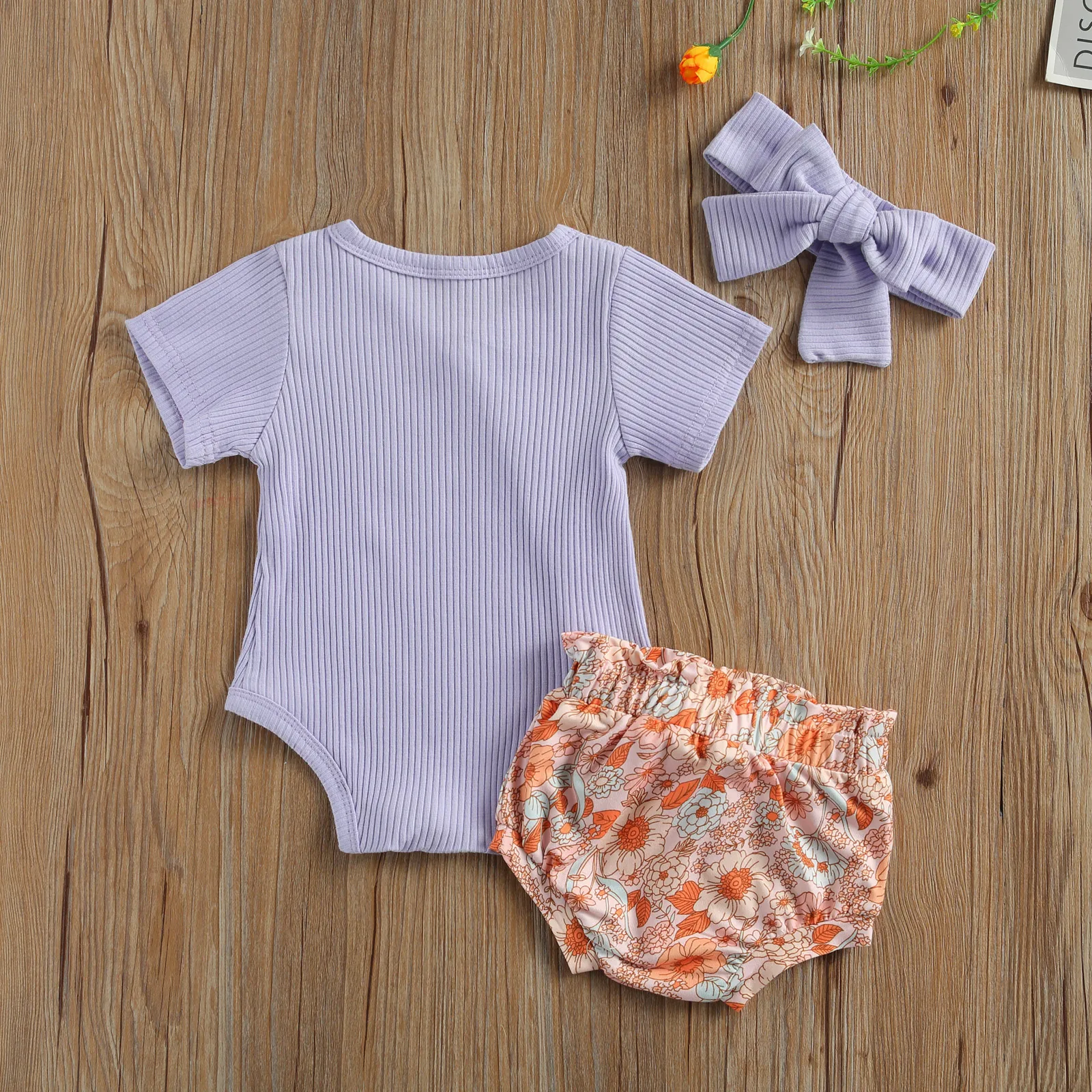 2021 Infant Short-sleeved Romper + Shorts Headband Button Design Flower Print Sweet Summer Clothing Hot Sale |