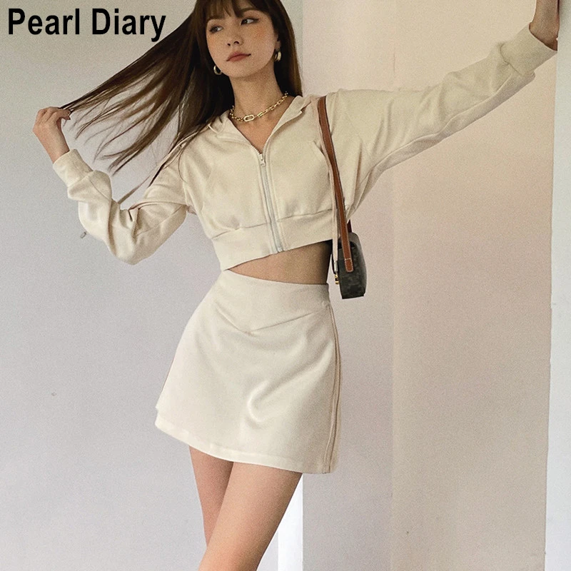 

Autumn Two Piece Set Women Skirt Sportswear Hooded Jacket Coat Sexy Mini Skirt Casual Tracksuits Korean Ensemble Femme 2 Pieces