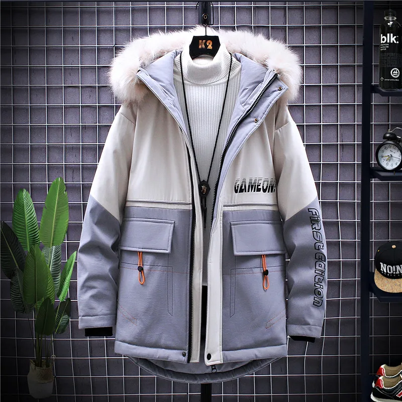 Winter Fashion Thick Jackets Mens 2022 Casual Fur Collar Hooded Warm Cotton Coats Outwear Patchwork Parkas Male Tops Windbreaker