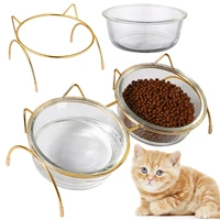 pet dog cat glass tilted elevated bowl raised feeding dish food water slow feeder with metal stand for cat dog accessories