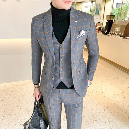 Пиджак+ жилет+ брюки) свадебное платье жениха клетчатые официальные костюмы набор мужской модный бутик шерсть Повседневный деловой костюм из трех предметов - Цвет: gray