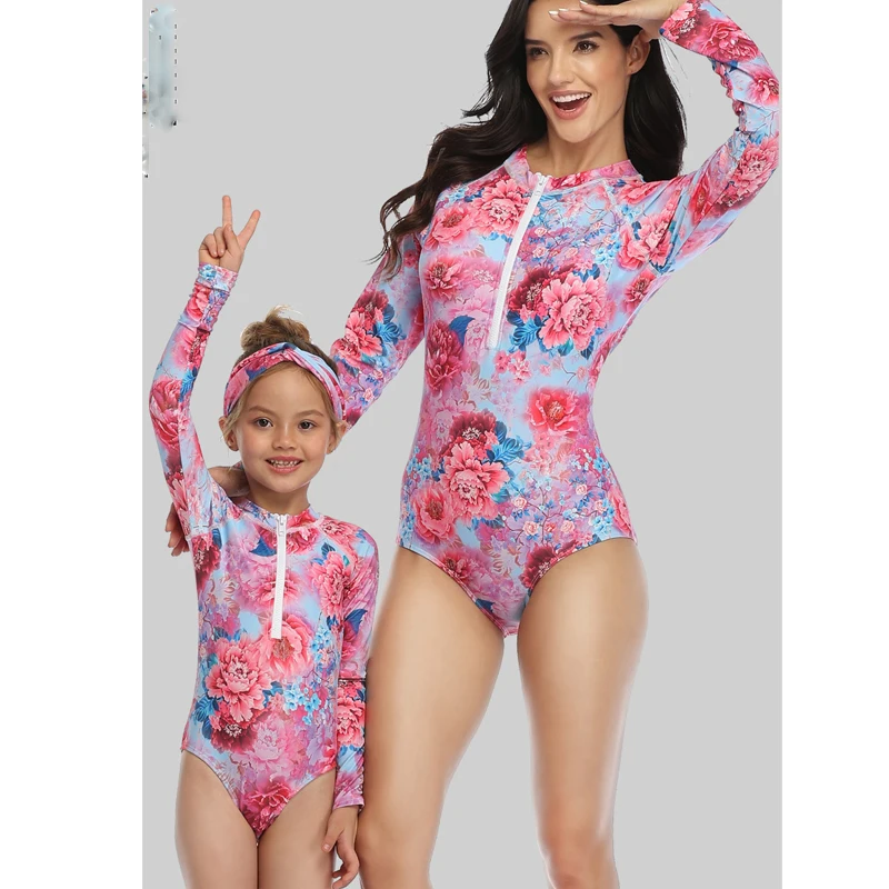 Слитный купальник для родителей и детей с длинным рукавом принтом боди женский