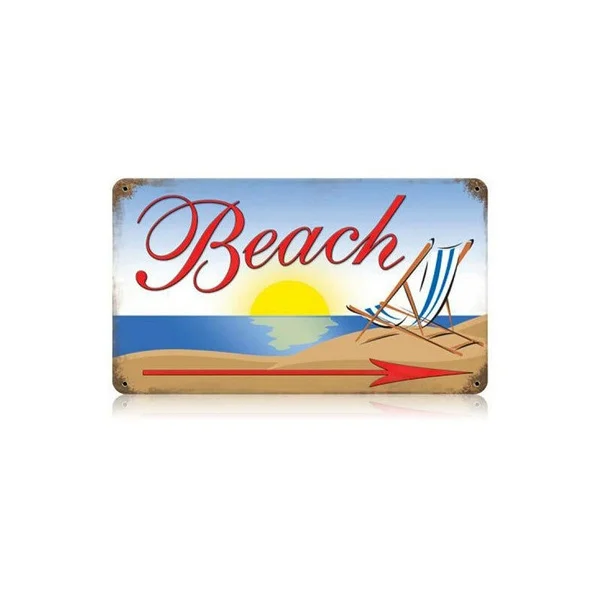 

Vintage Metal Tin Sign Beach Directional Arrow Sand Sun Ocean Outdoor Yard Signs & Home Bar Restaurant Kitchen